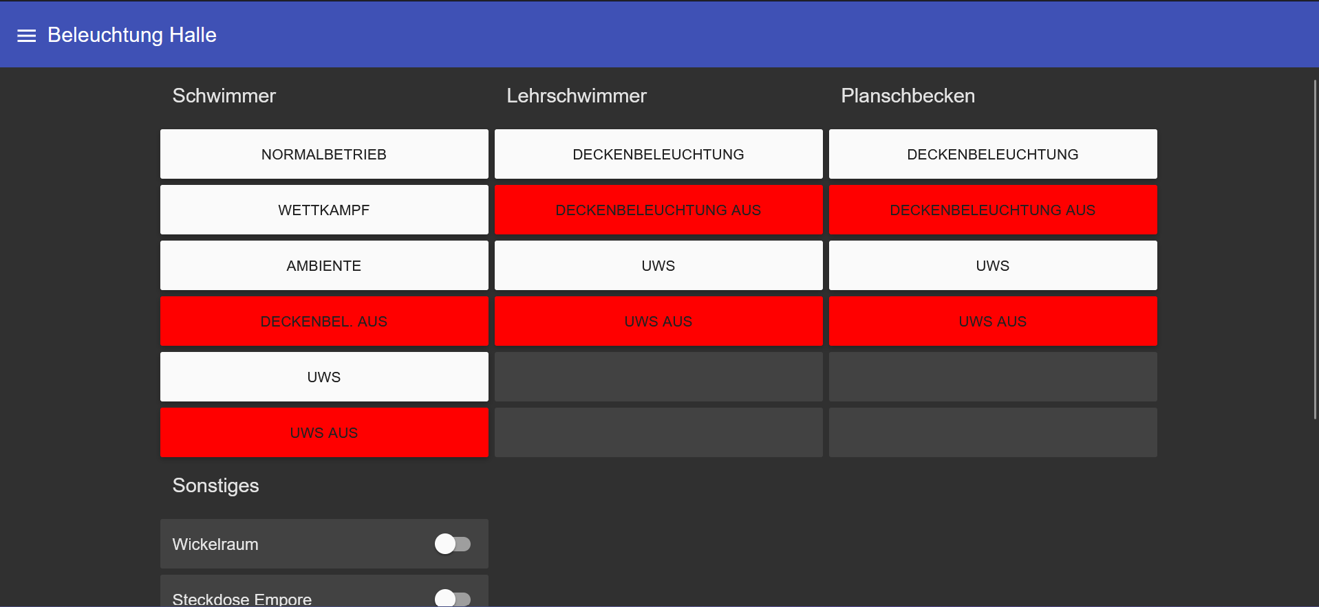 Tablet-Dashboard zur Steuerung der Beleuchtungs- und Spielpumpenanlage im Celler Badeland