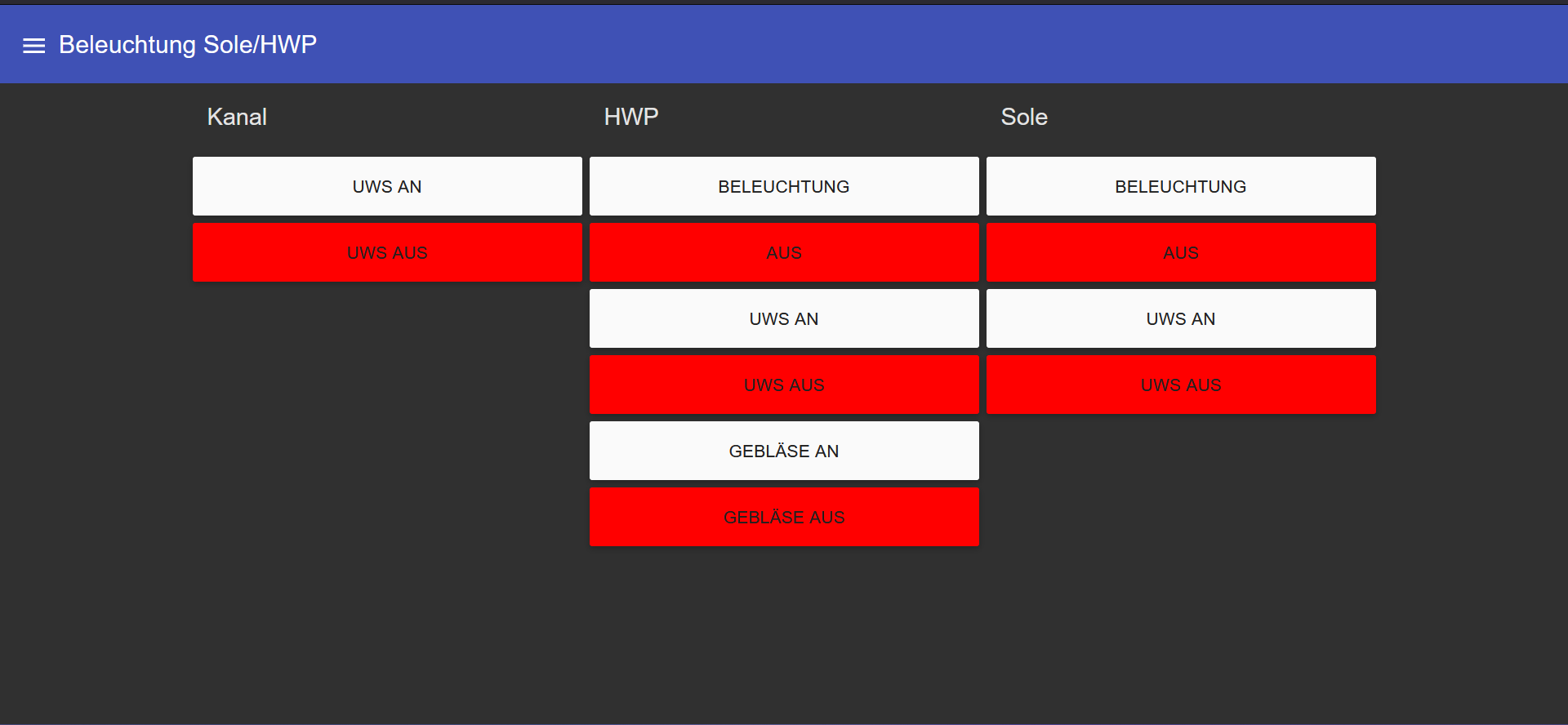 Node-RED Dashboard – Beleuchtung Sole und HWP